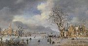 Aert van der Neer A winter landscape with skaters and kolf players on a frozen river, oil painting